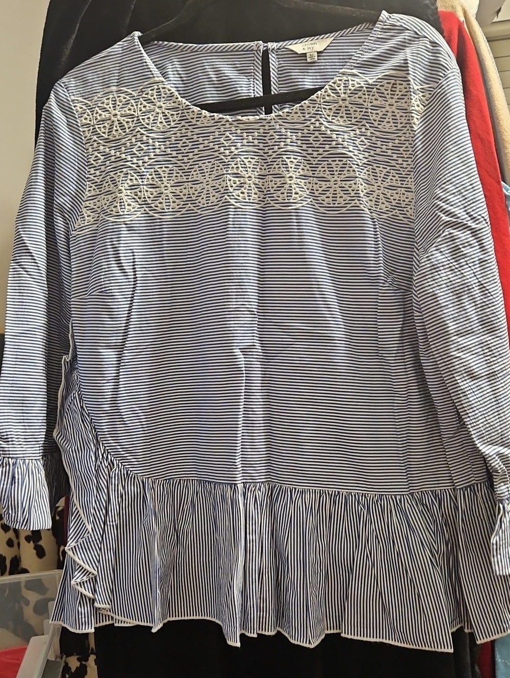 crown & ivy Blue and White Striped Peplum Blouse with Embroidered Yoke